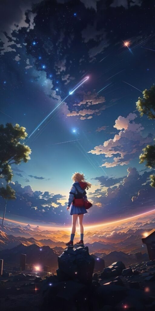 девушка аниме, фэнтези пейзаж, небо, звезды