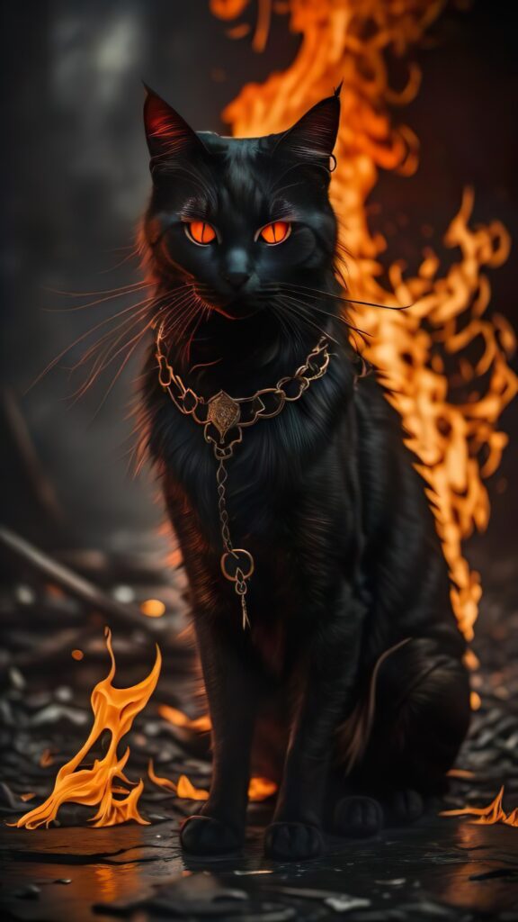 черная кошка, взгляд, огненный фон