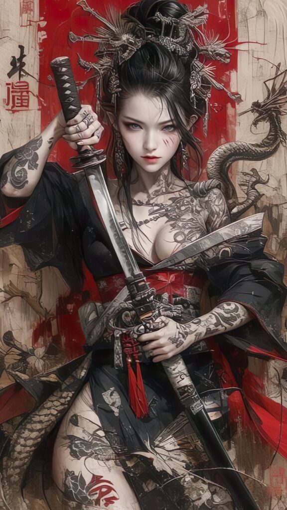 девушка самурай с катаной, арт рисунок, драконы, красный фон