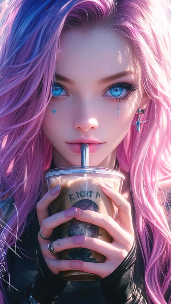 девушка пьет кофе из трубочки, стаканчик, розовые волосы