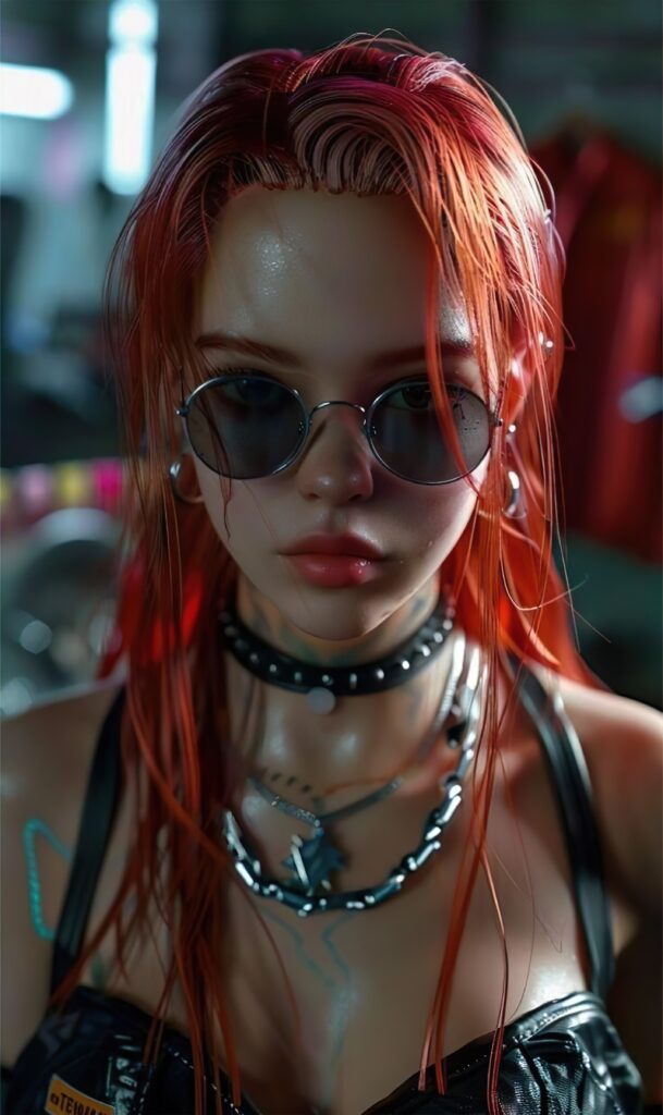 девушка с рыжими волосами, фотореализм, круглые очки
