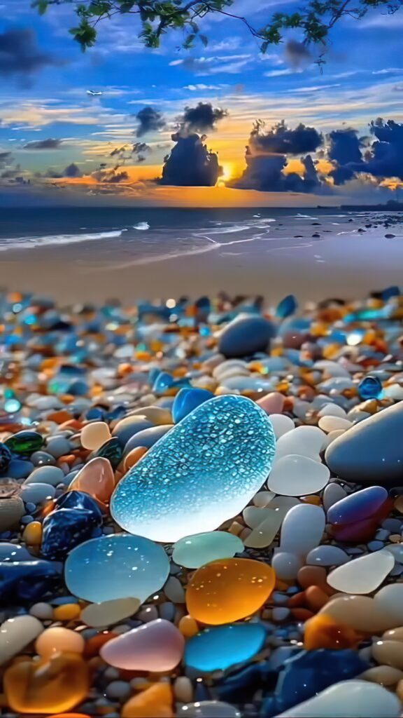 стеклянный камень, пляж, море, облака