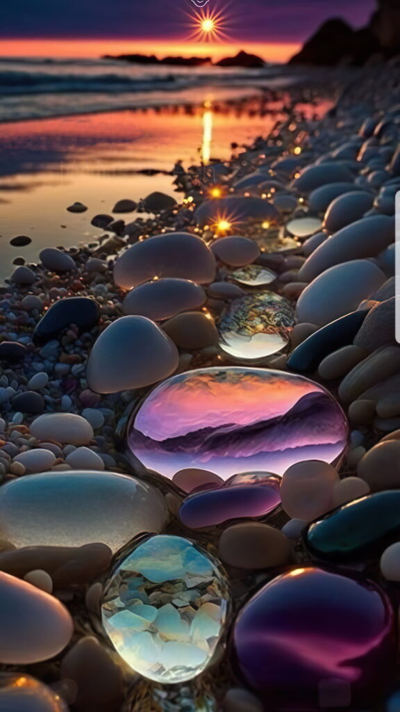 стеклянные камни, закат на море, берег