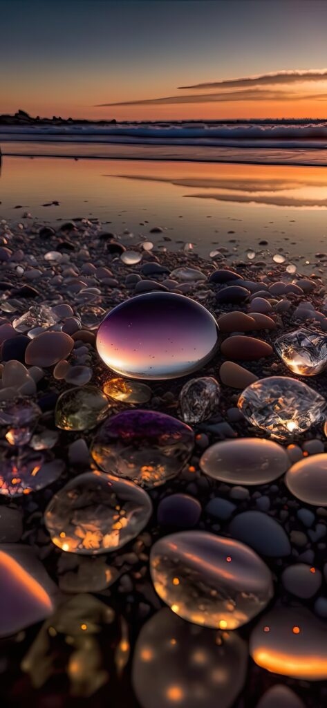 стеклянные камни на берегу, закат, тихая вода