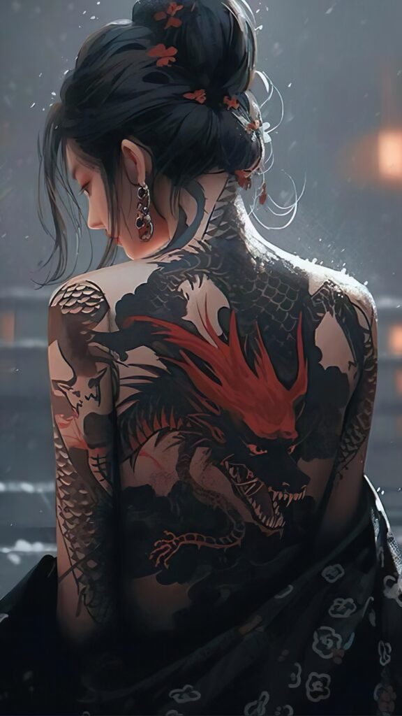 девушка япония, татуировка дракона на спине