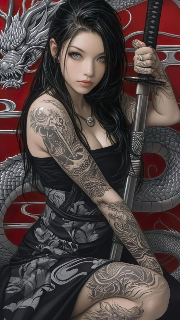 девушка с катаной, темный фон, иероглифы, дракон на татуировке