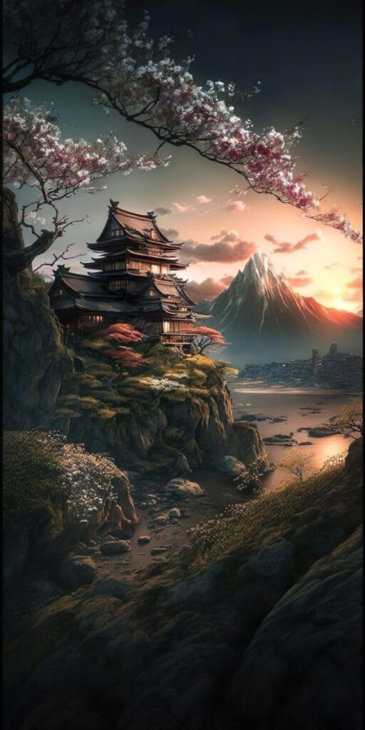 японский пейзаж, ветка цветущей сакуры, дом на краю обрыва