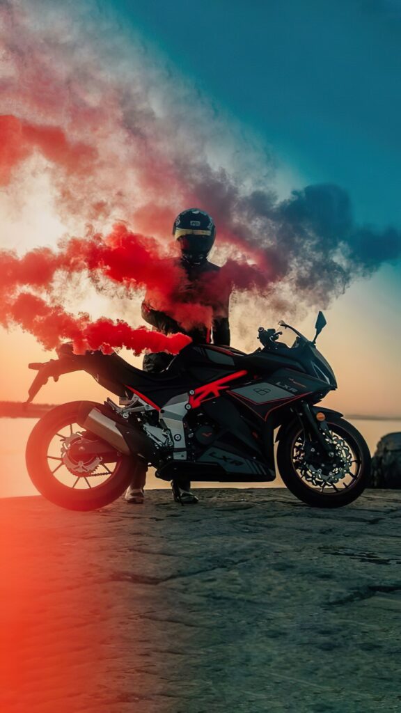 мотоцикл, спортивный, красный дым, парень байкер