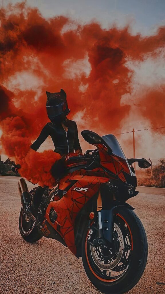 мотоцикл, спортивный, красный дым, девушка байкер