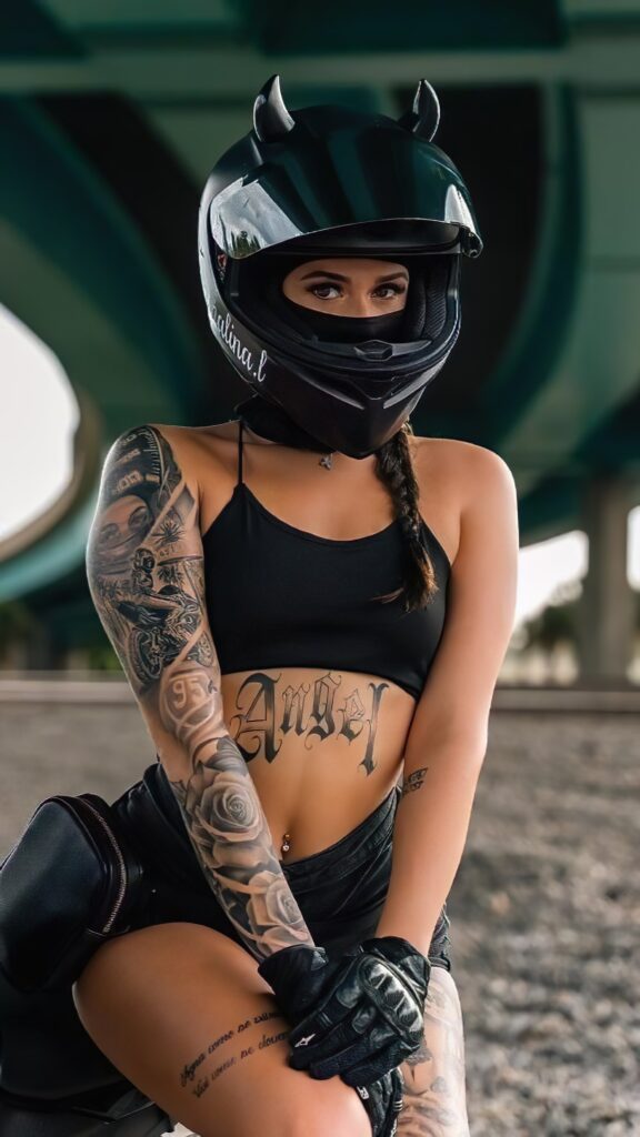 девушка в мото шлеме, черный топик, татуировки