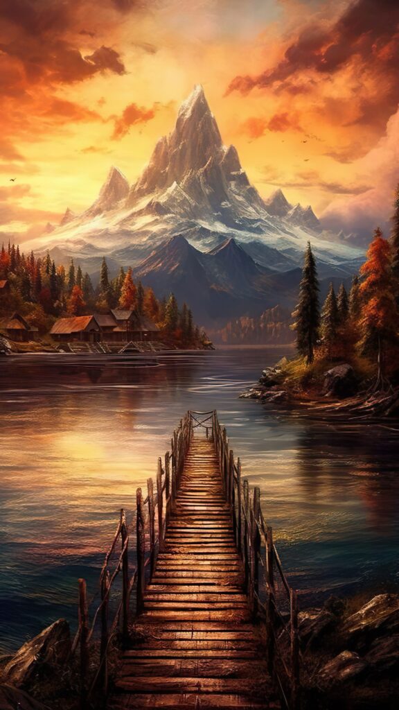 рисунок горы, теплые тона, озеро, деревянный мостик