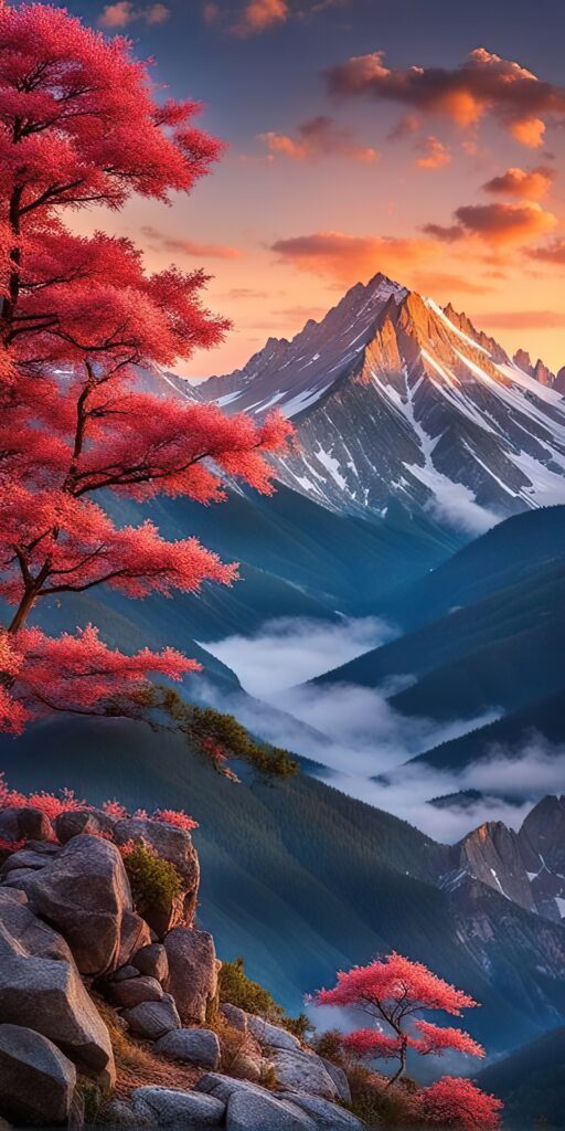 красивые горы, рисунок арт, дерево красные листочки
