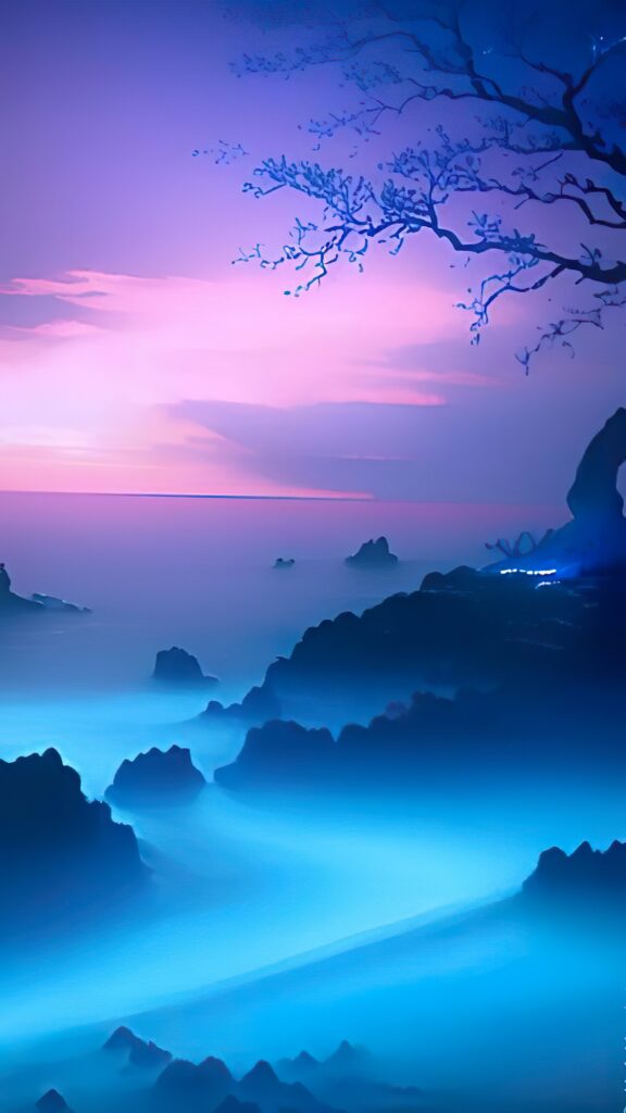 туманное утро на берегу океана, пурпурный рассвет