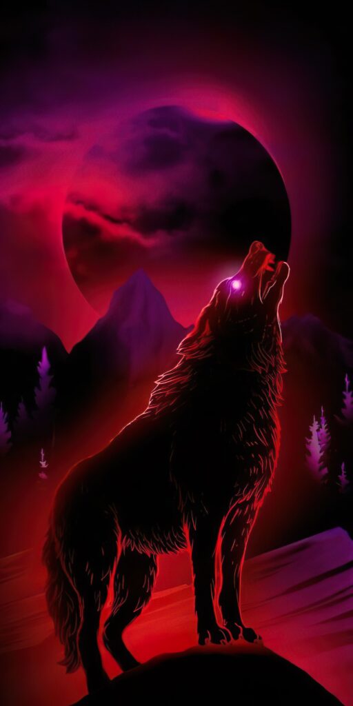 красный фон, демонический волк, красная луна