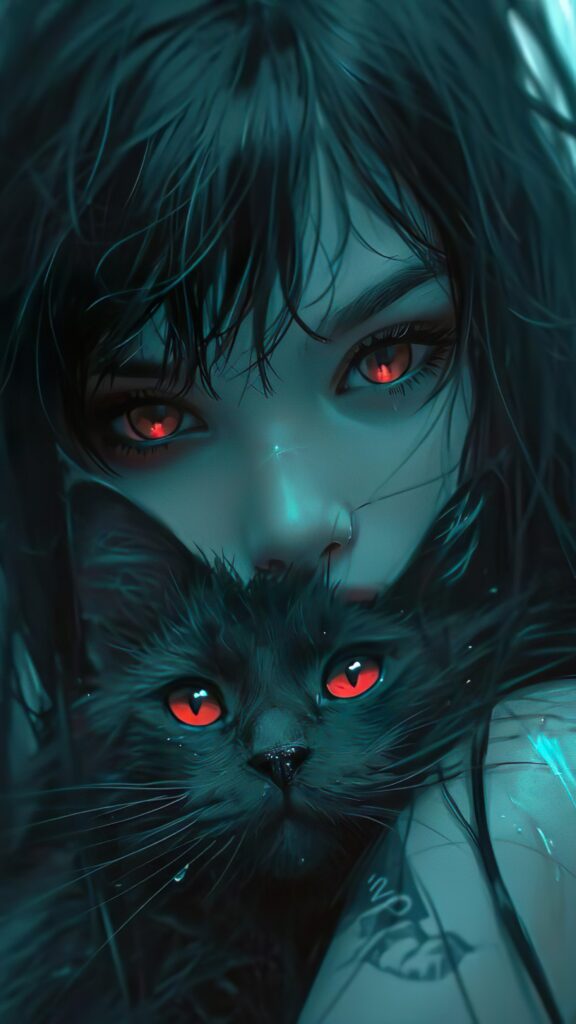 девушка и кошка, красивые глаза, красный цвет глаз