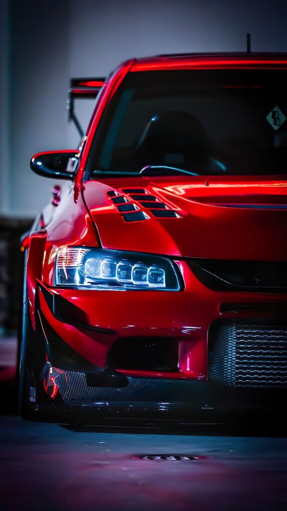 машина mitsubishi evolution, красный, пленка, bi-led оптика